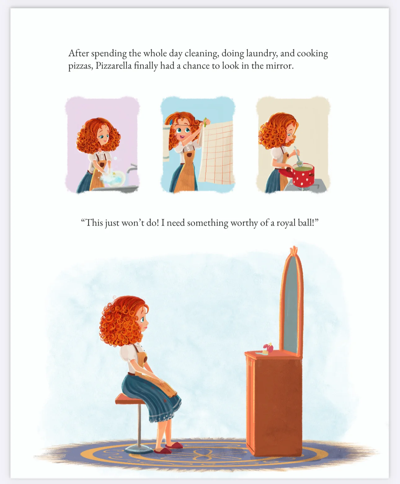 Interior spread showing Pizzarella looking in the mirror